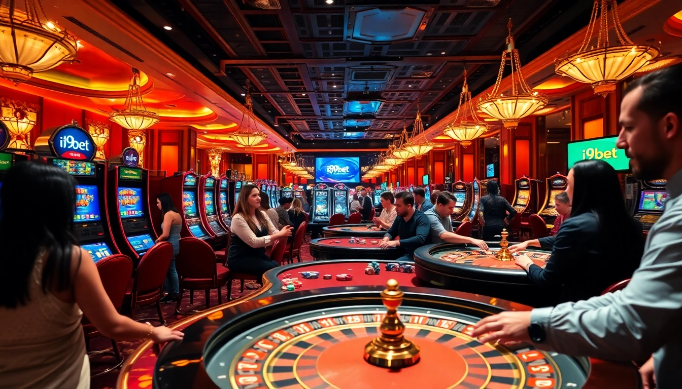 Excited gamblers at i9bet engaging in high-stakes casino games with vibrant displays and branded elements.