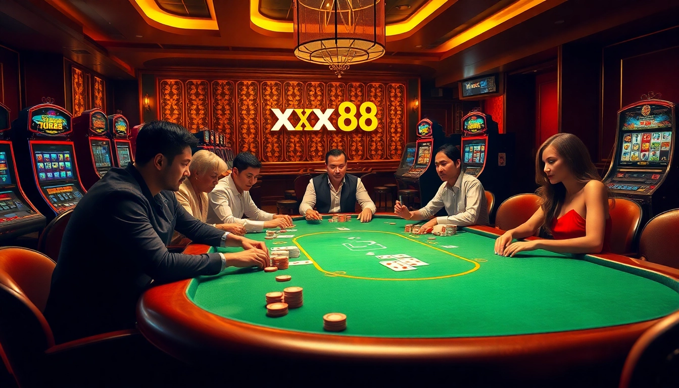 Players enjoying high-stakes poker at xx88 casino, surrounded by vibrant slot machines.