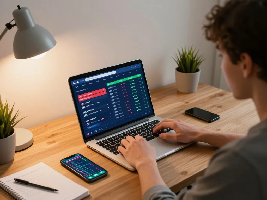 Engaging with kèo bóng đá updates on a laptop in a cozy home office for strategic sports betting.