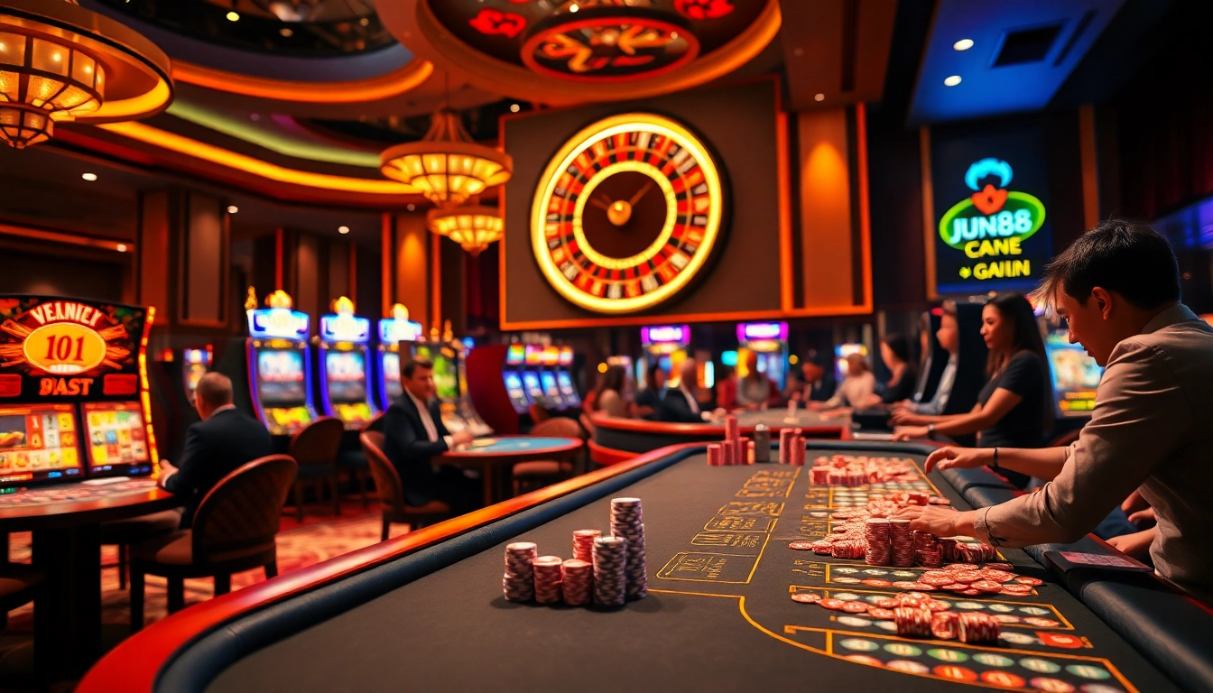 Experience thrilling gameplay at https://jun88.now/, featuring vibrant casino scenes and exciting betting action.