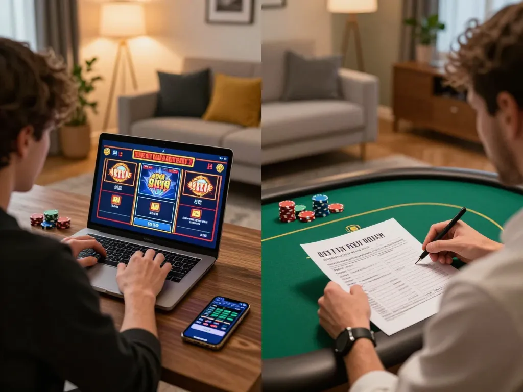 Engaged player using sc88 online slots while analyzing poker strategies at home.
