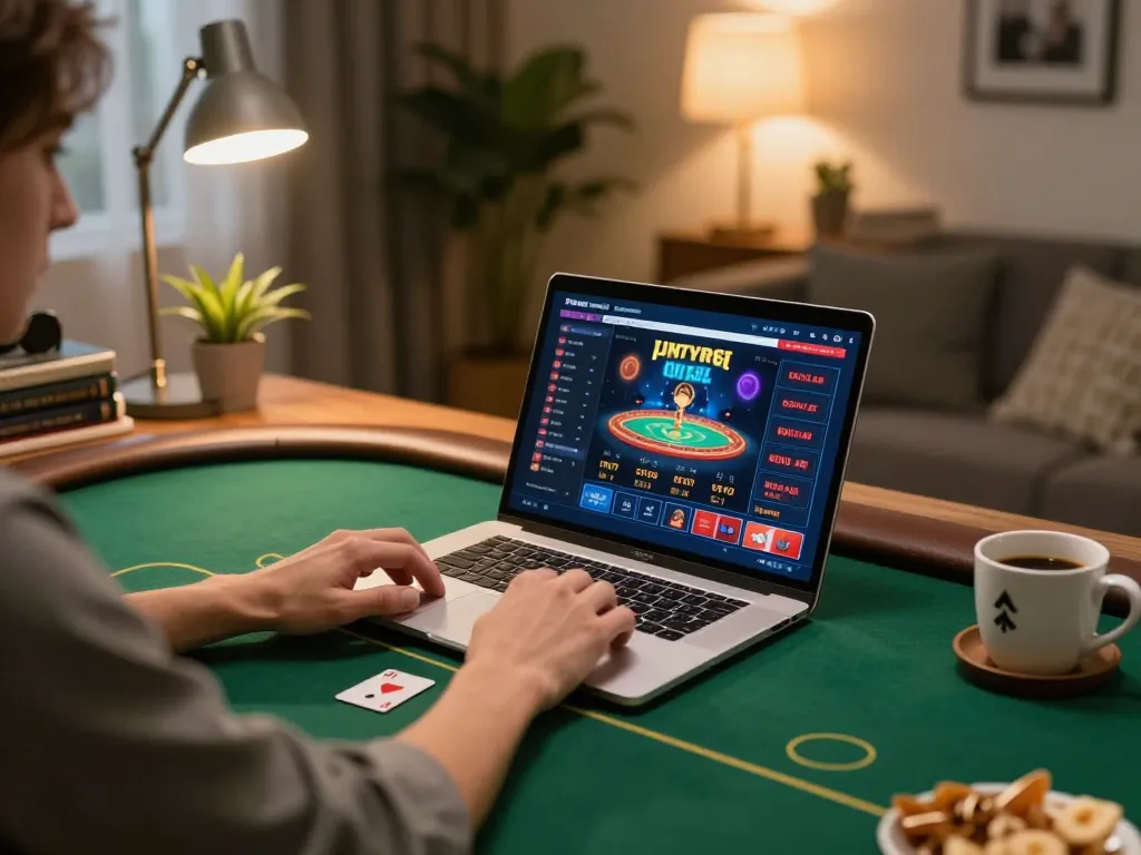 Player engaging in online poker at home, showcasing CK444 gaming interface with cozy environment.