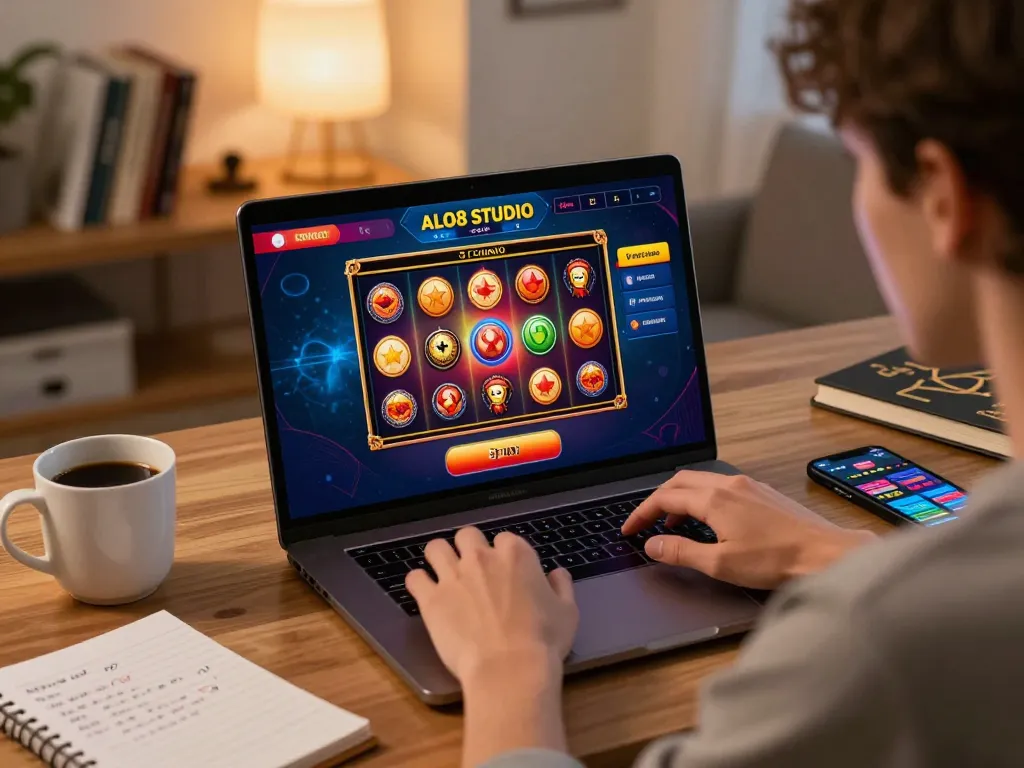 Player engaged in online gaming at ALO8 STUDIO with slot game on screen and strategic notes nearby.