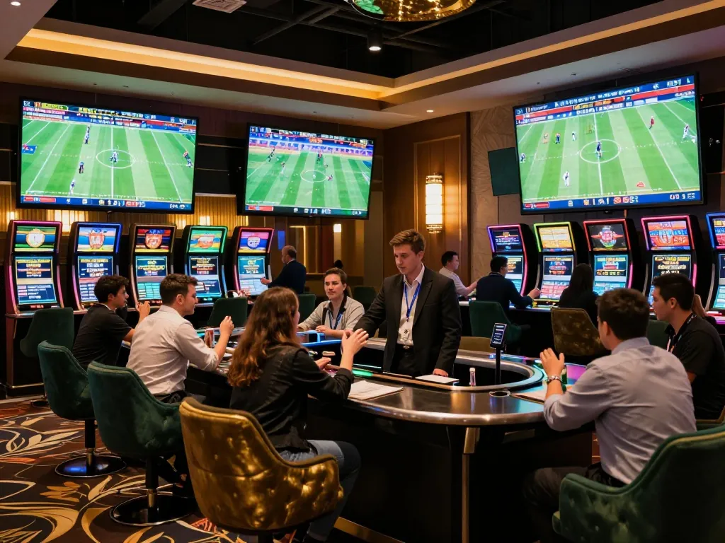 Fans cheering and betting on footballl games in a lively casino sports lounge.