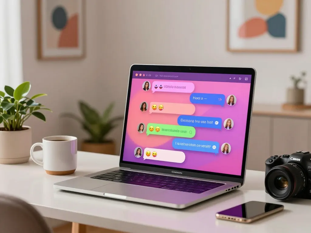 Engaging scene of AI sex chat conversation displayed on a laptop, showcasing vibrant digital chat elements.