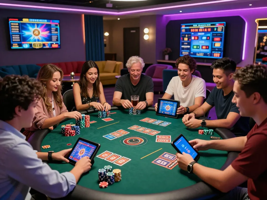 Exciting gaming scene at trang chủ C168, friends enjoying digital card games with vibrant neon lights.