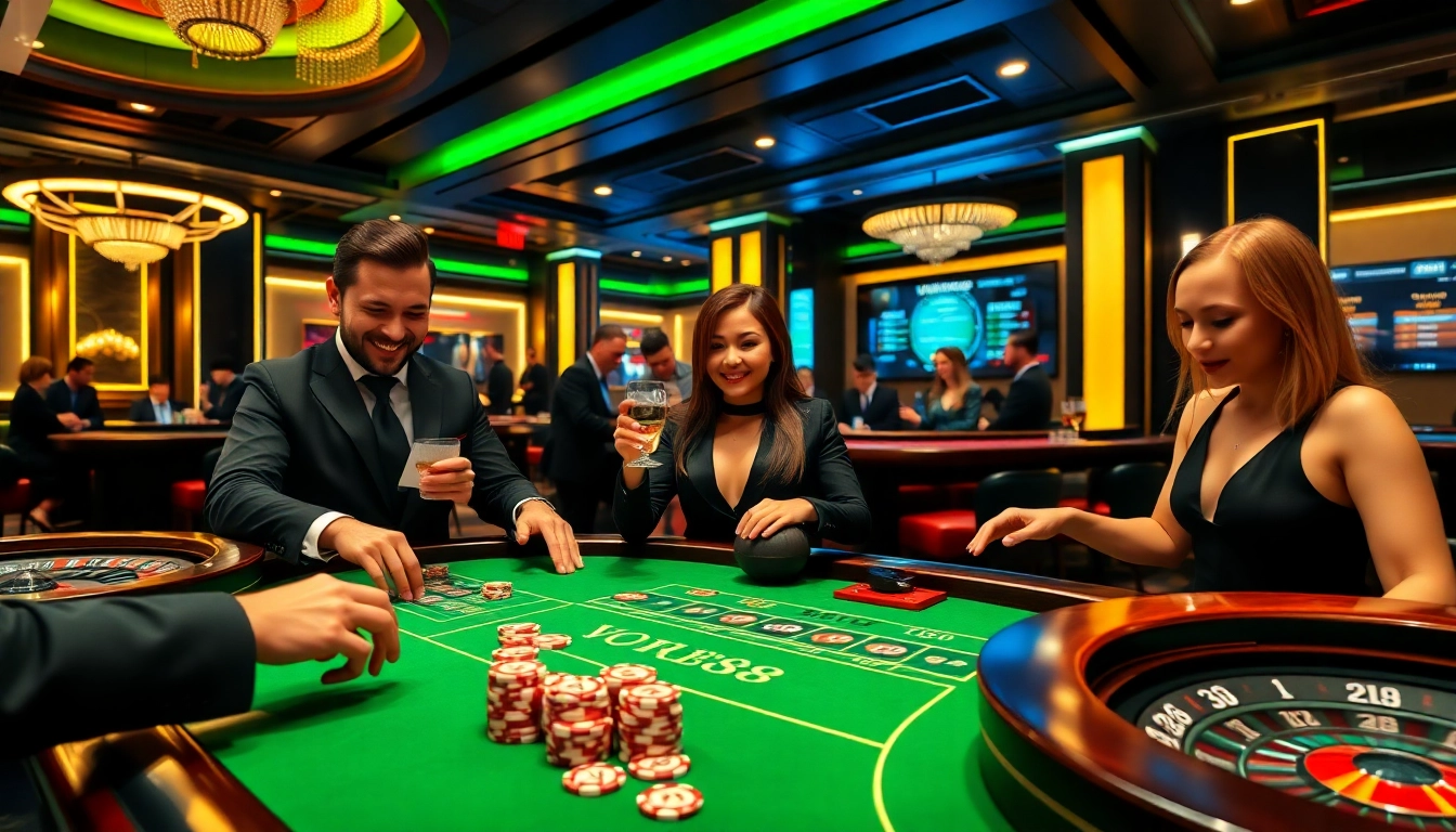 Players enjoying a high-stakes VU88 poker game featuring rich visuals and vibrant chips.