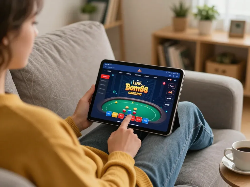 Engaged in online gaming with Link Bom88 chính thức app on tablet in a cozy home setup