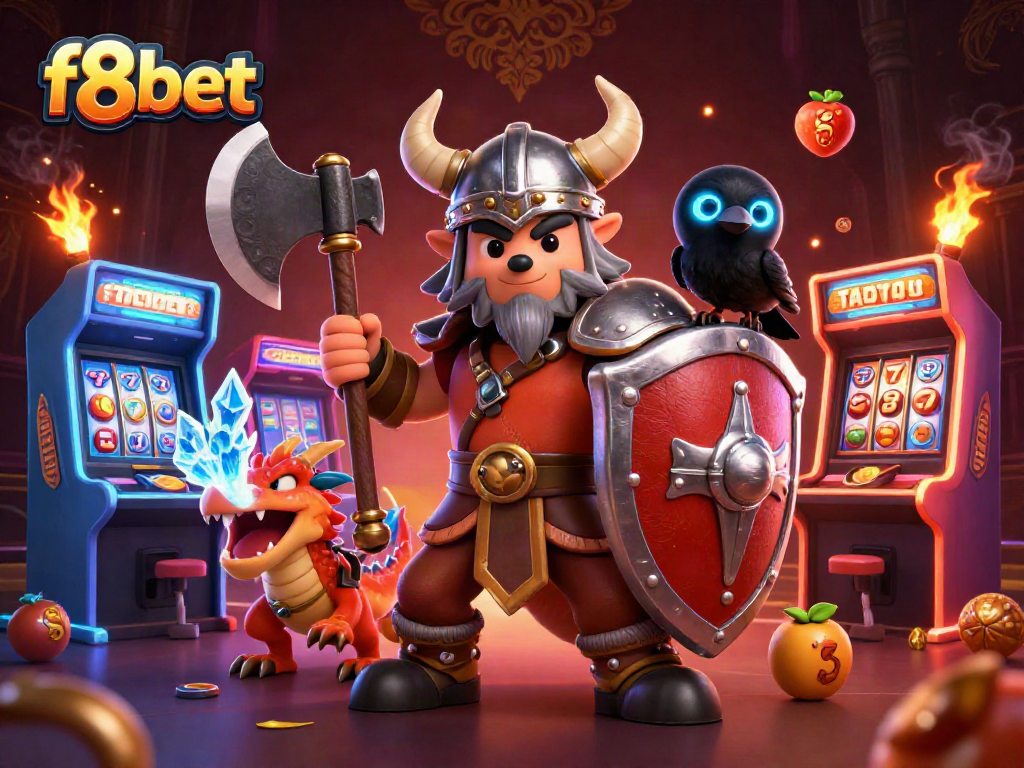Engage in exciting slots at f8bet with a Viking warrior, dragon, and vibrant casino elements.