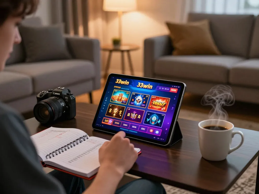 Engaged player using 33win app on tablet, showcasing online gaming strategy in cozy setting