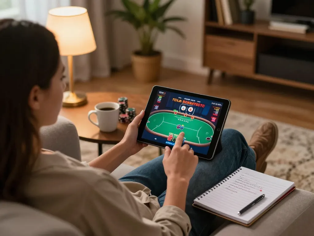 Experience online casino gaming at https://gg88.cn.com/ with a cozy person engaging in poker on their tablet, reflecting a warm home atmosphere.