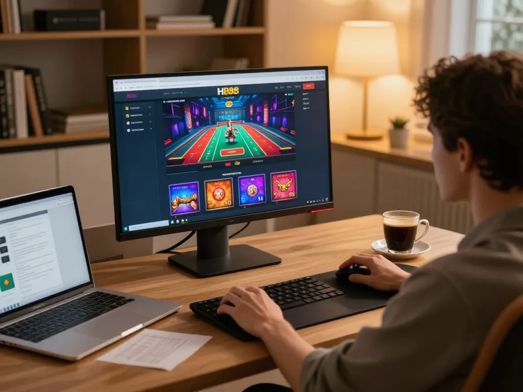 Player engaging with HB88 online games at a stylish home gaming setup, enhancing gambling experience.