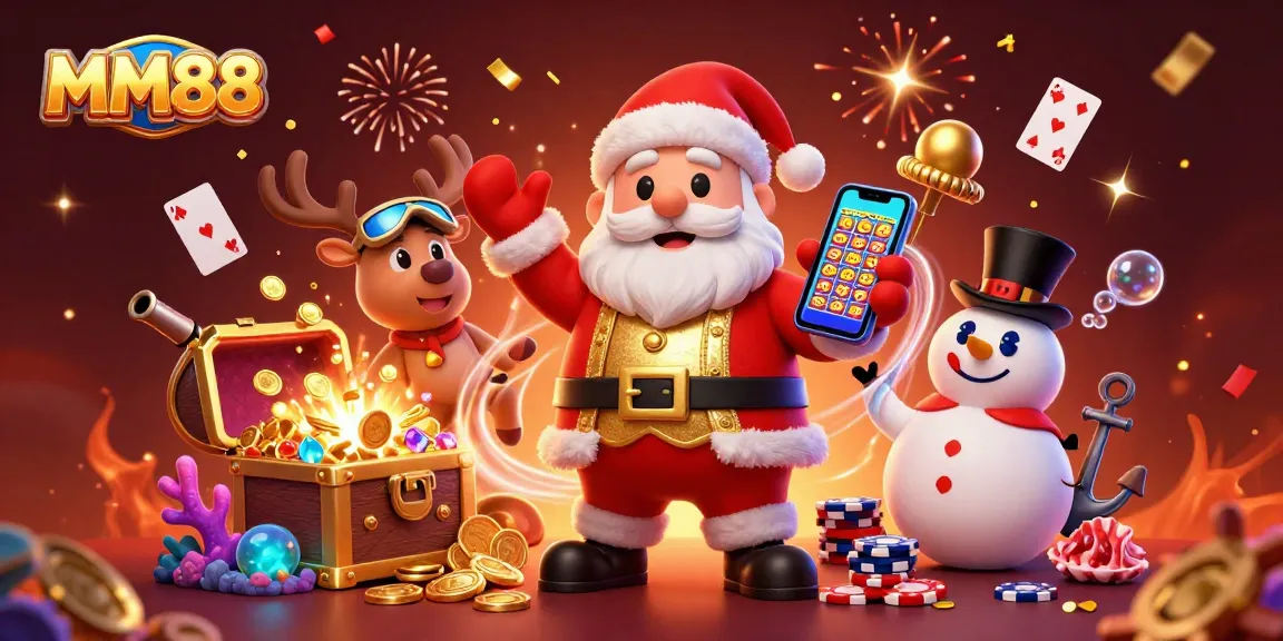 Experience the exciting jackpots at MM88, featuring Santa and his friends celebrating with casino games and treasures.
