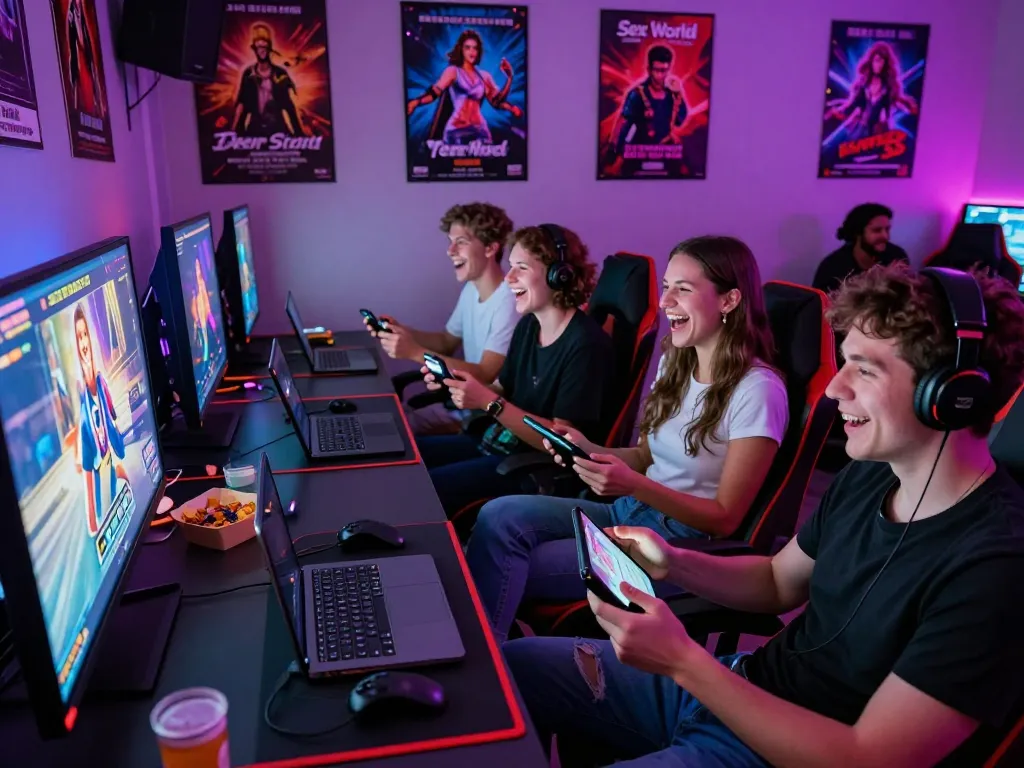 Engaged group playing porn games in a vibrant gaming lounge, showcasing interactive adult entertainment.