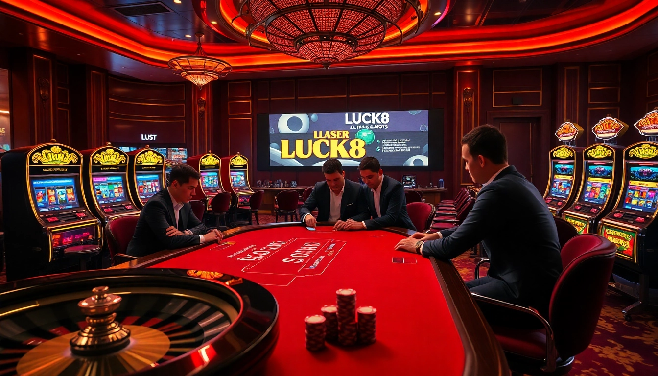 High-stakes poker table with professional players and LUCK8 branding in a luxurious casino setting.