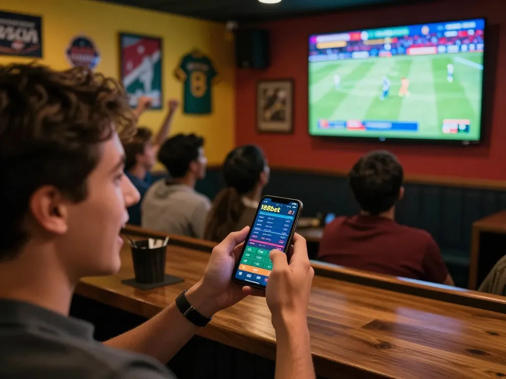 Exciting sports betting moment with 188bet app displayed on smartphone during a live game.