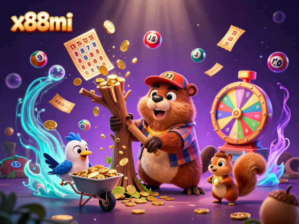 x88mi showcases a lively scene with cartoon characters collecting gold coins, themed for lottery games.