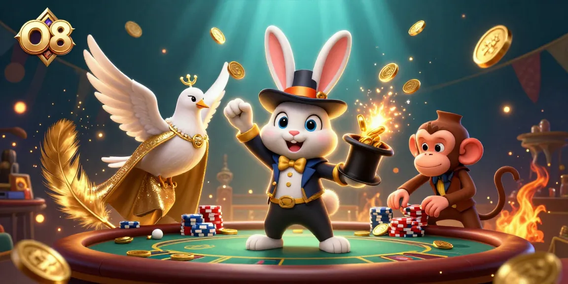 O8 magician rabbit pulling poker chips while a dove assists in vibrant casino scene