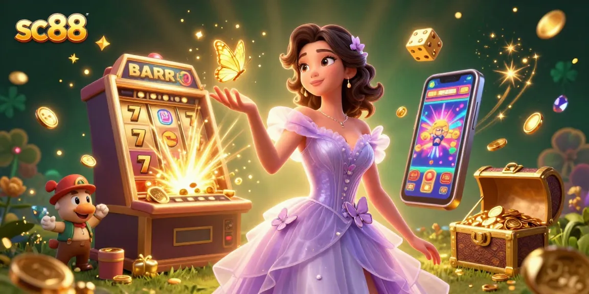 Win big with sc88 at the dynamic slot machine surrounded by golden elements and casino games.