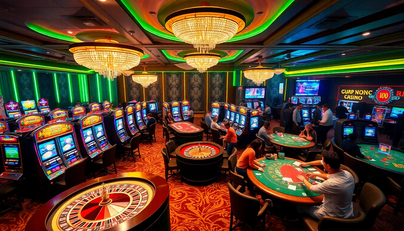Exciting gaming atmosphere at OPEN88 with vibrant slot machines and poker tables in action.