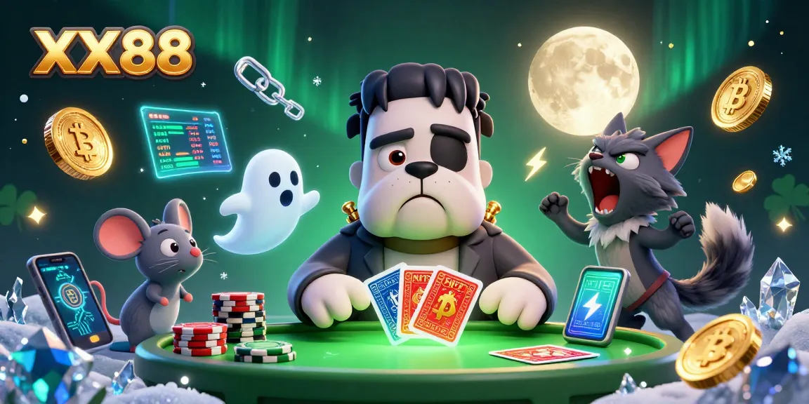 Experience gaming excitement with XX88's vibrant 3D scene of a Frankenstein bulldog and friends engaged in card play.