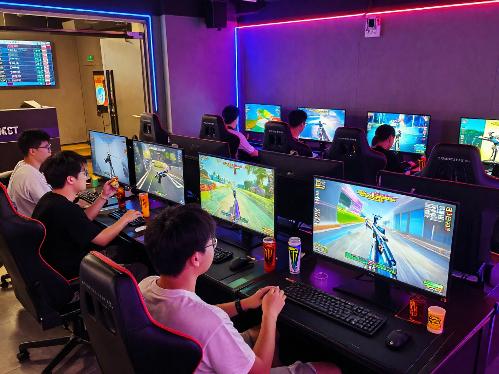 KOMBET168 gaming lounge with players intensely competing at multiple screens, vibrant neon lights illuminating the lively environment.