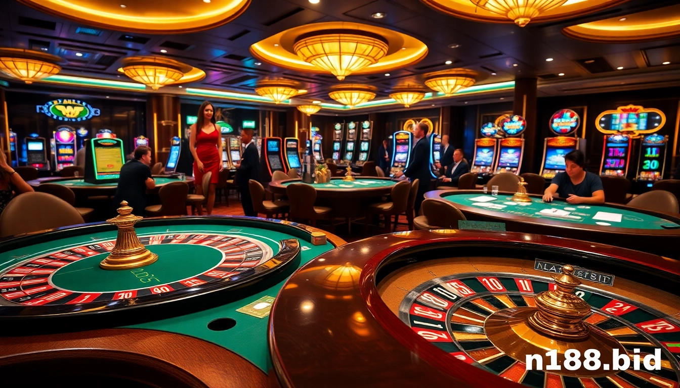 Enjoying a thrilling casino experience at https://n188.bid/ with vibrant poker tables and slot machines.