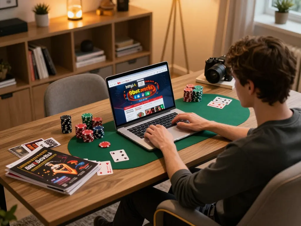 Engaging online gambling experience on https://9bet.works/ with poker chips and strategy guides in modern home office