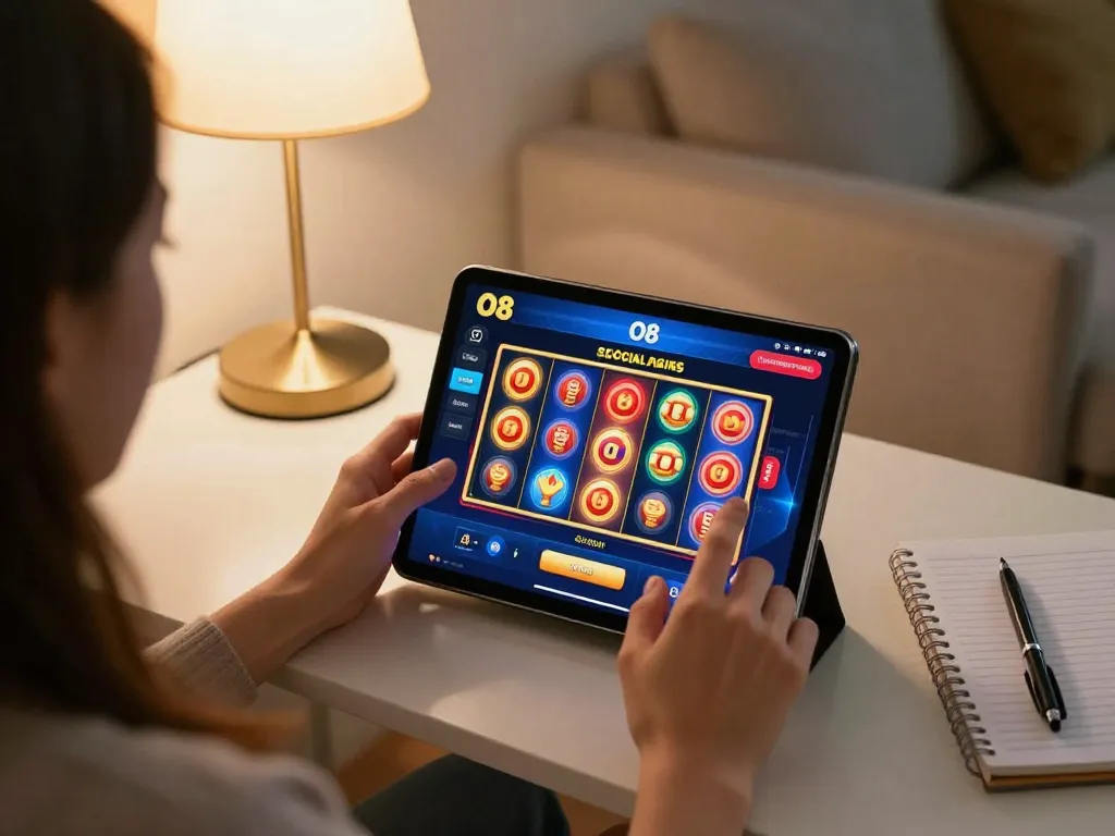 Engaging with O8 Social casino app while enjoying a cozy home gaming experience.