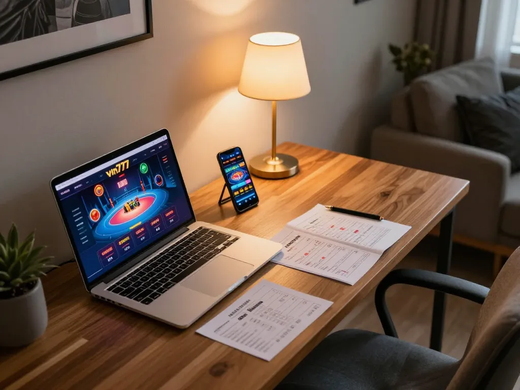 Engaging online gaming session with vin777 visible on laptop screen and betting notes.