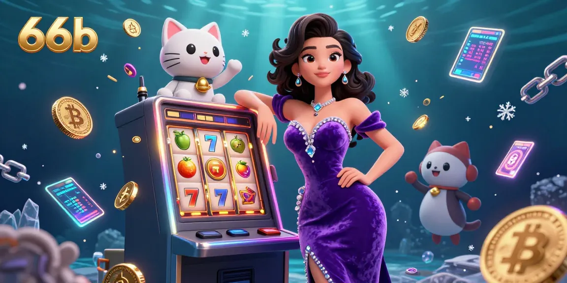 Engage with thrilling slots at 66b, showcasing a stunning woman on a jackpot machine with Bitcoin and Ethereum coins.