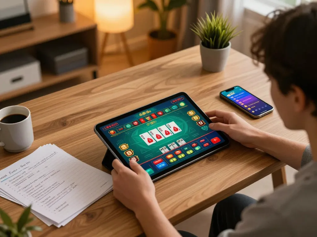 Sunwin players engaging in a live dealer game on a tablet, showcasing strategic betting options and cozy home atmosphere
