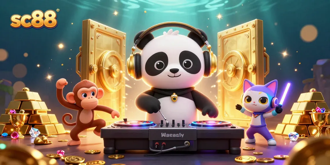 sc88 players enjoy thrilling gameplay with a DJ panda, monkey, and kitten among piles of treasure.