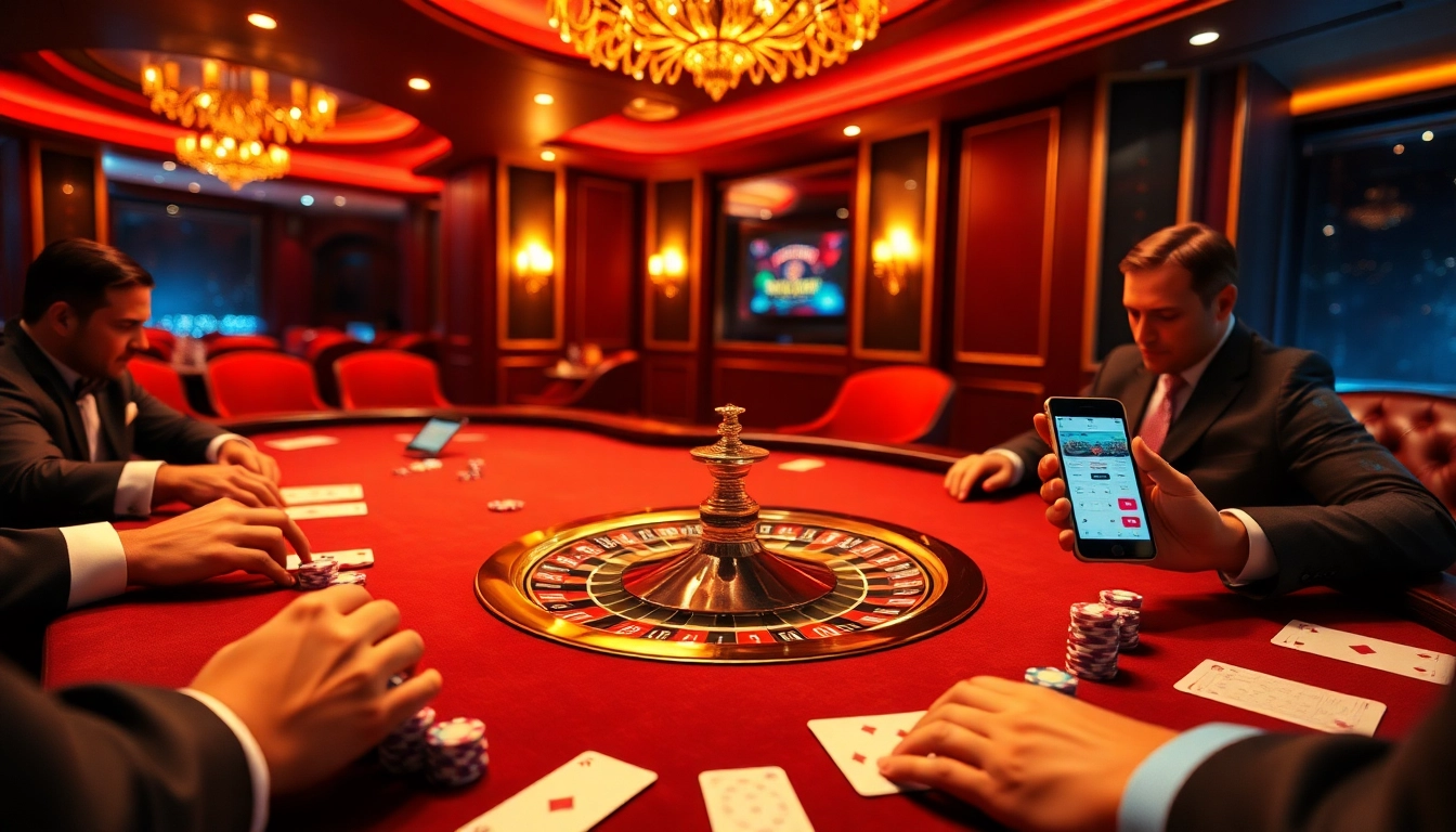 Mubet players strategizing at a poker table in a luxurious casino, showcasing high stakes.