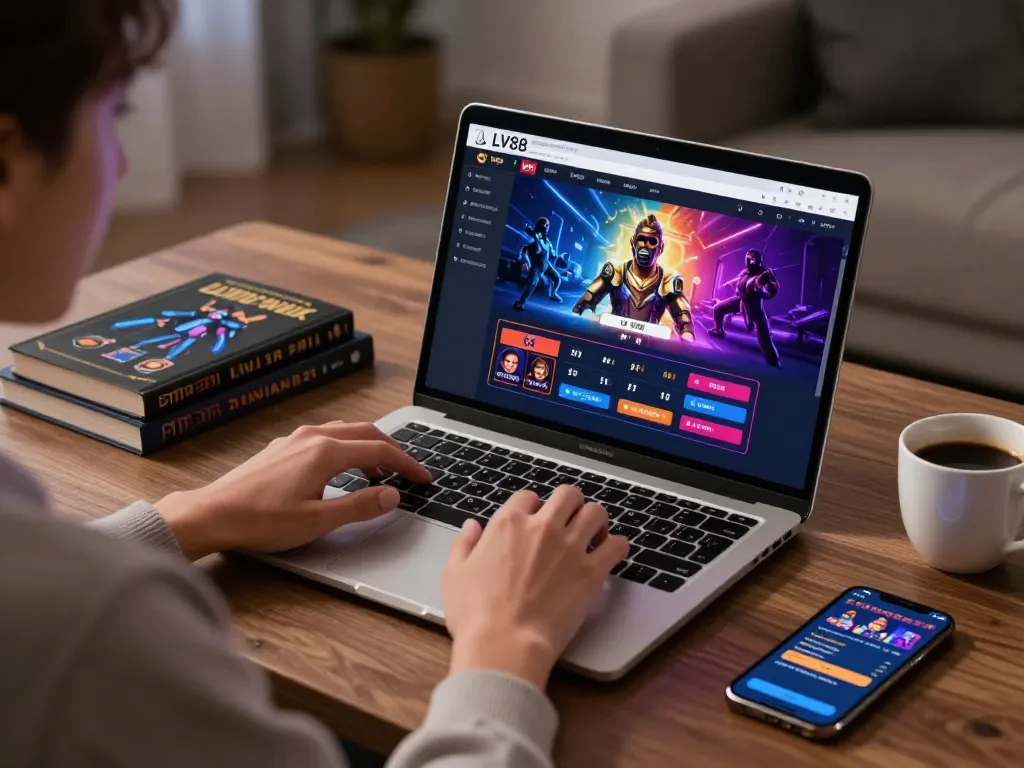 Engaging player focused on LV88 online casino interface in a cozy gaming setup.