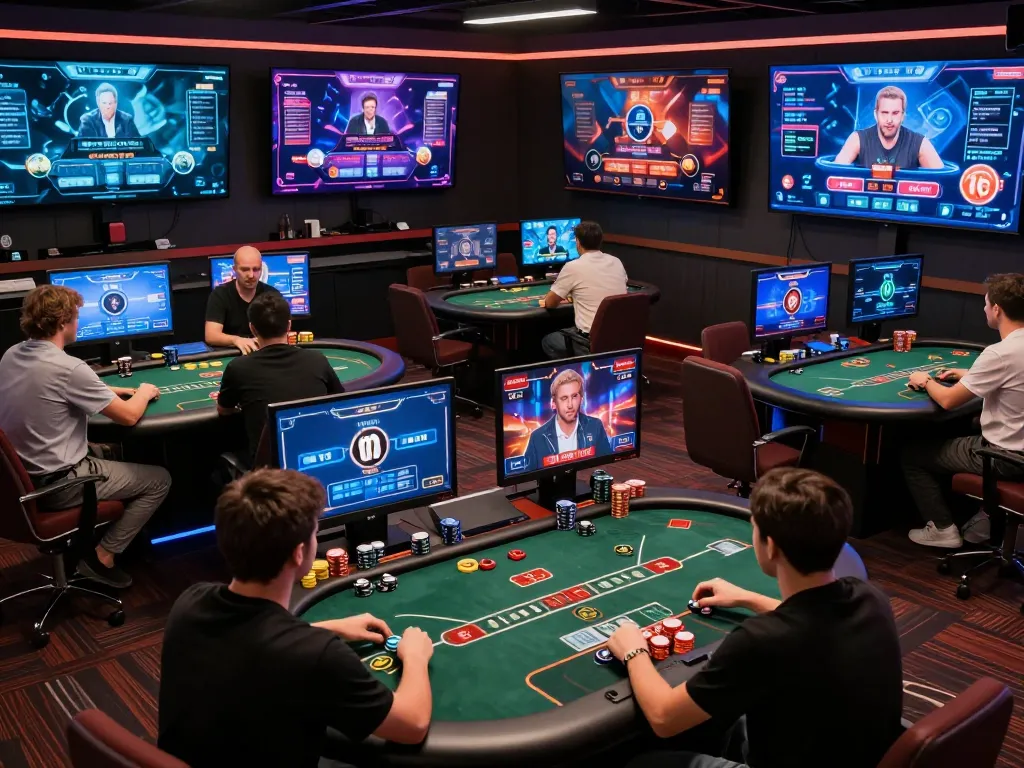 Hitclub players engaging in online poker strategy, focusing on their screens and gameplay