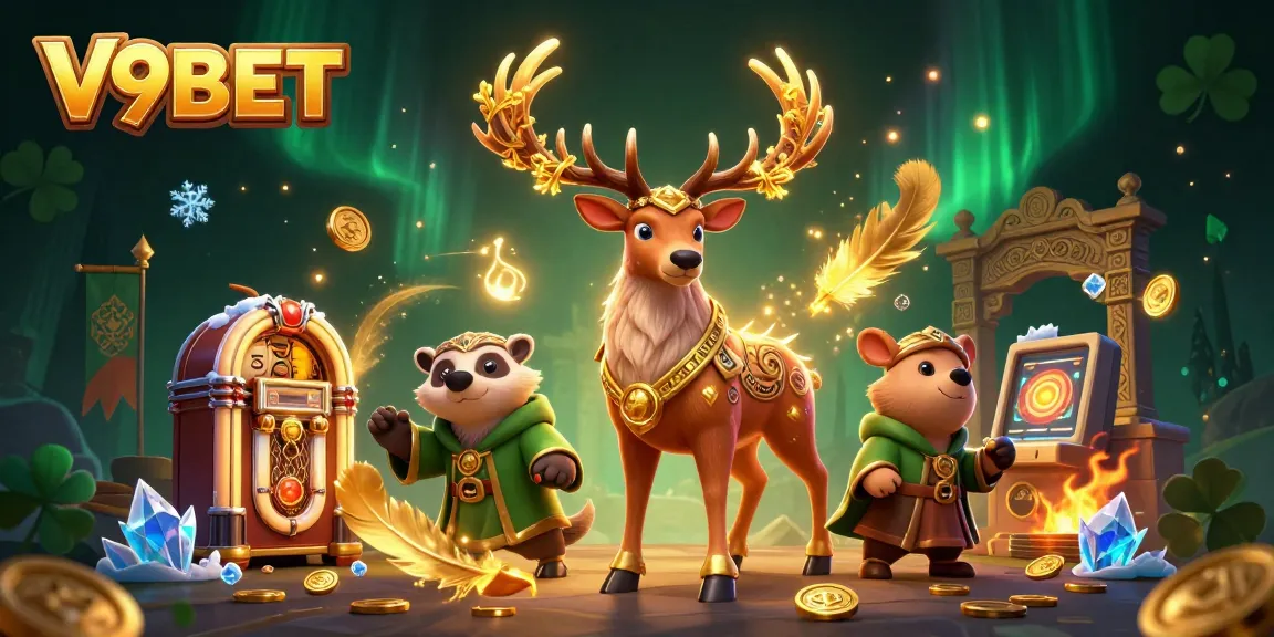 Experience thrilling gameplay at V9BET with animated slot reels and enchanting characters in an immersive setting.