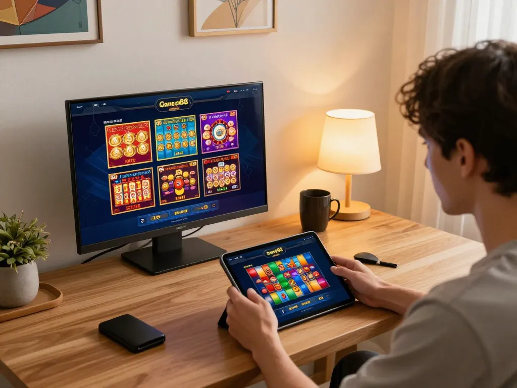Engaged player exploring Game cm88's online casino interface from a cozy home setup
