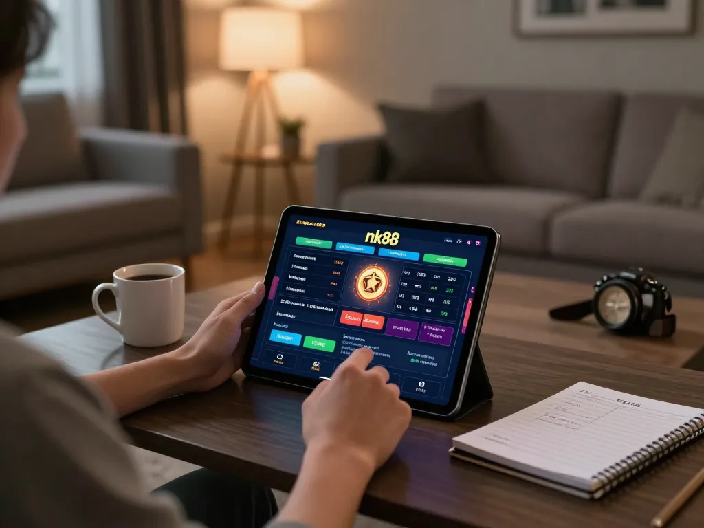 Person playing nk88 casino games on a tablet in a cozy home setting with warm lighting