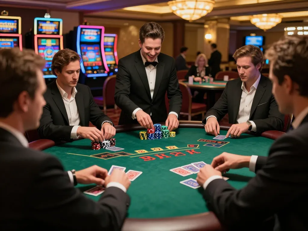 Pucuk138 players strategizing during an intense blackjack game at a lively casino.