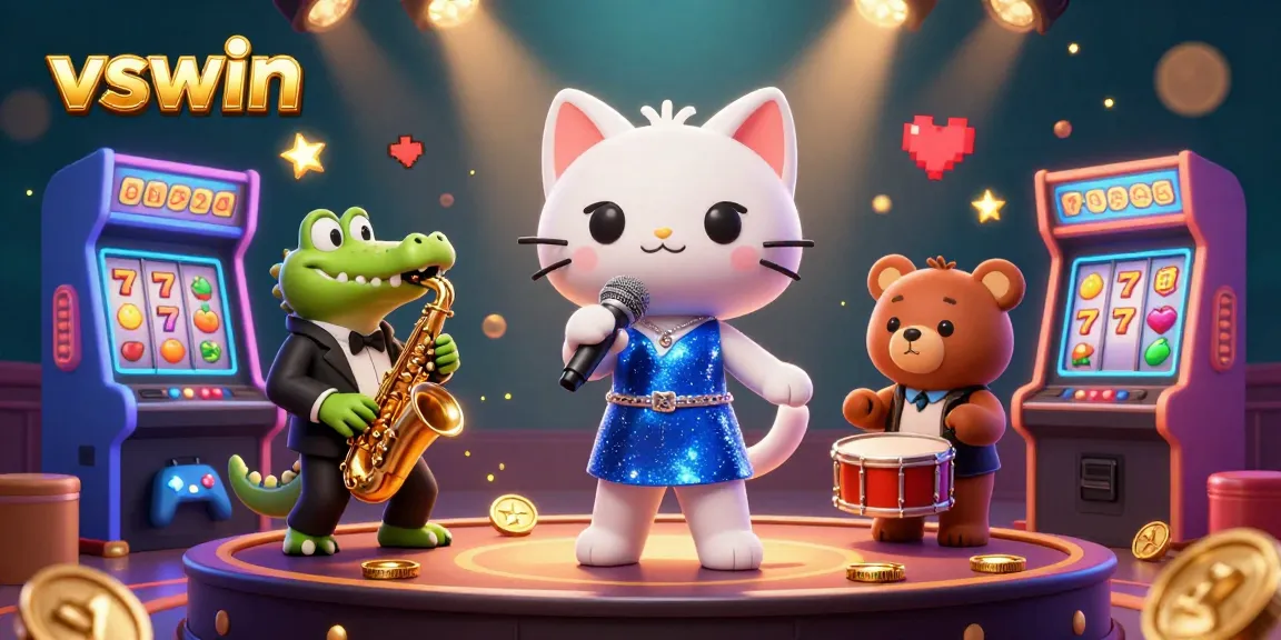 Engage with the vibrant vswin casino atmosphere through a jazz-singer cat performance amidst dazzling slot games.
