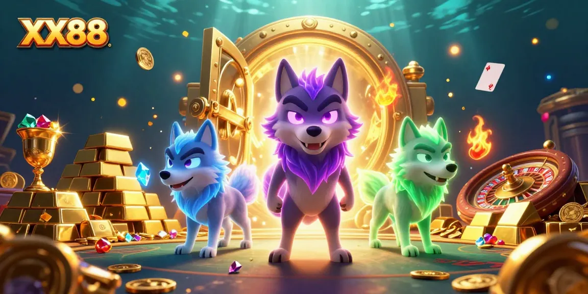 Experience thrilling wins at XX88 with vibrant 3D wolves amidst dazzling casino treasures.