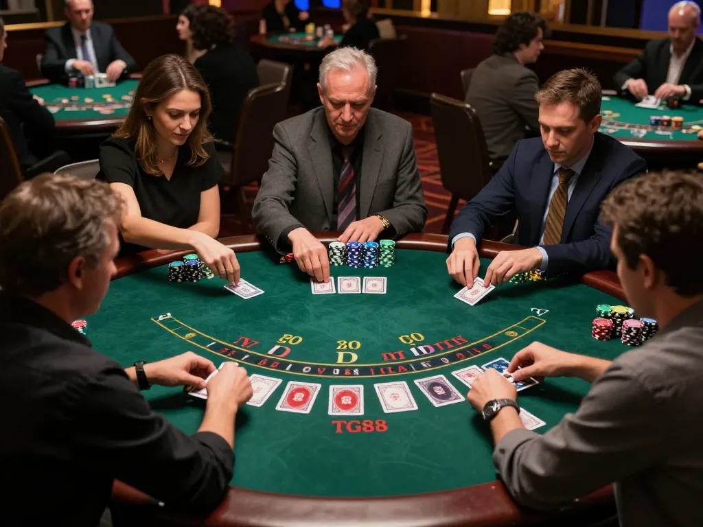 Players strategically placing bets at TG88 blackjack table in a sophisticated casino setting.