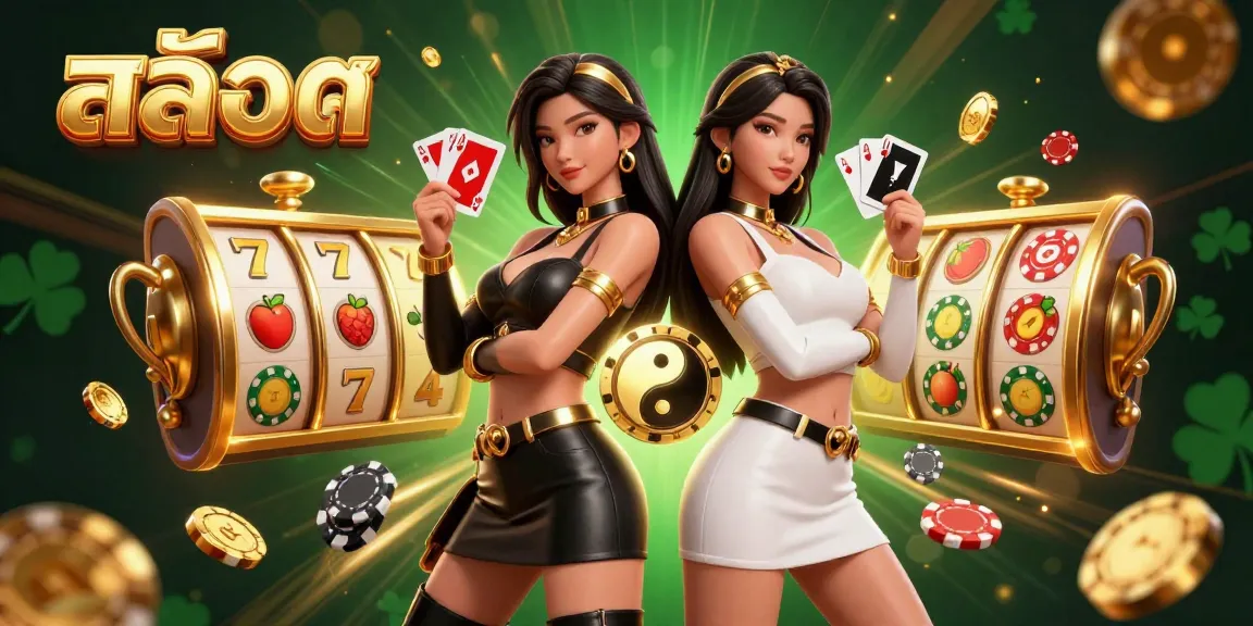 Experience the excitement of สล็อต with twin female characters in a dynamic casino scene featuring slot reels and golden elements.