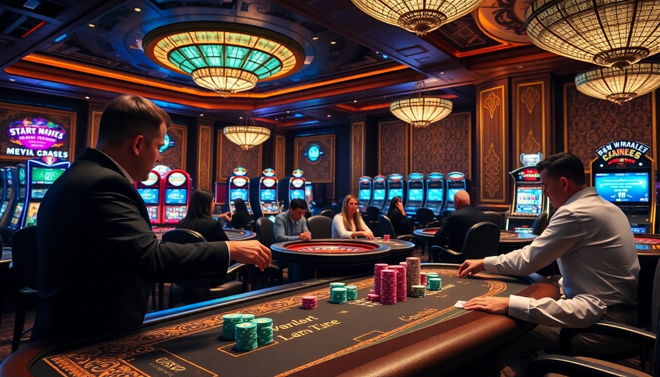 Experience thrilling gameplay at KJC's professional casino, featuring poker tables and engaged players.