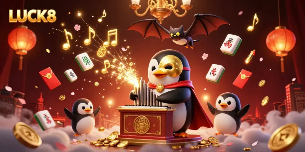 Experience the thrill of LUCK8 with a vibrant 3D casino scene featuring captivating characters and festive elements.