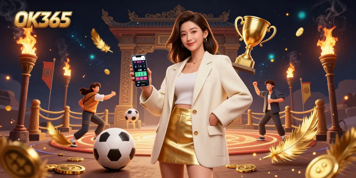 Experience the excitement with OK365 as a woman engages with a sports betting app, surrounded by dynamic gaming elements.