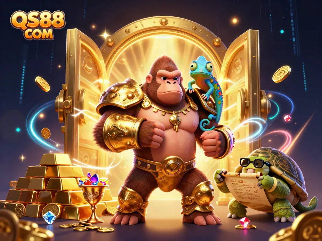 Experience the thrill of QS88 COM with vibrant graphics featuring an armored gorilla, chameleon, and tortoise amid treasure and gems.