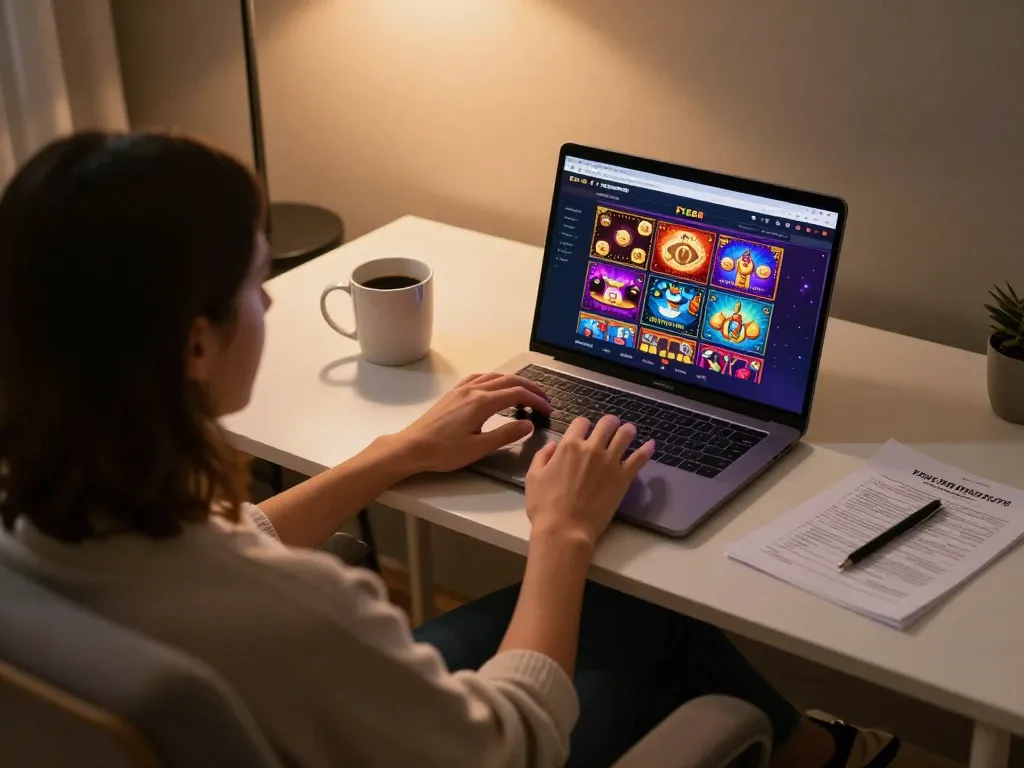 Player focusing on F168 online casino gameplay with strategic betting notes and coffee, relaxed atmosphere.