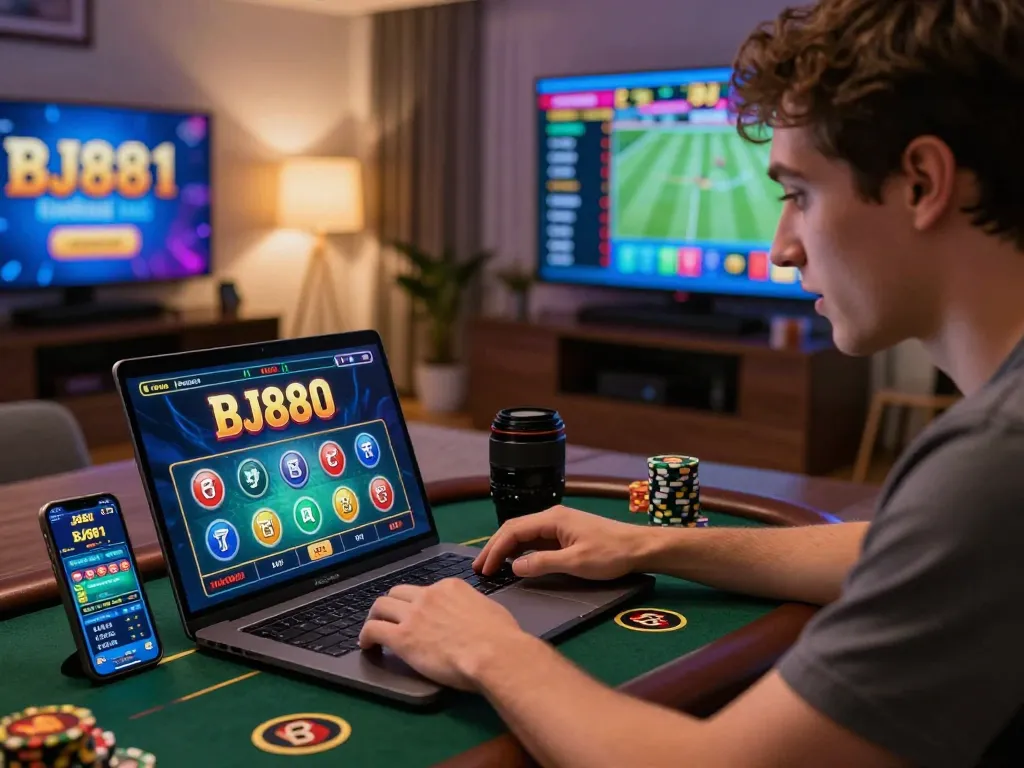 Engaging BJ888 online gaming scene showing a focused player in a cozy home, vibrant game elements and app interface creating an exciting atmosphere.